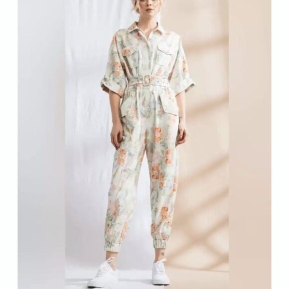 L'Atiste Floral Utility Jogger Jumpsuit Sz 2X Roll Tab Sleeve Cottagecore Casual - Picture 1 of 13
